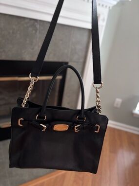 Black Leather Tote Handbag with Gold Hardware